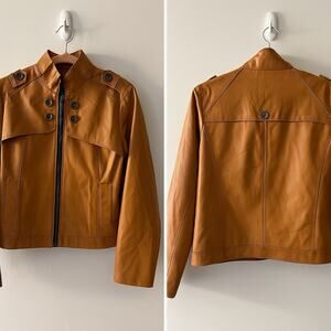 Gallery Faux Leather Moto Jacket Brown Zip Front Epaulettes Women’s L